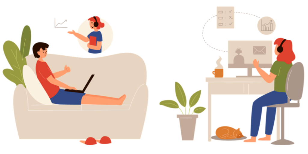 A colorful graphic of two remote workers, one from a couch and one from a desk, communicate from the comfort of their home representing the remote work model.