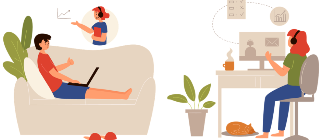 A colorful graphic of two remote workers, one from a couch and one from a desk, communicate from the comfort of their home representing the remote work model.